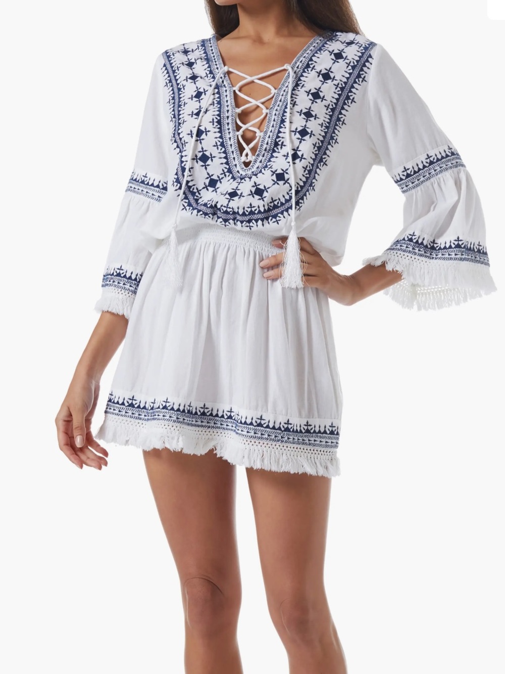 Melissa Odabash White Cotton Cover Up Dress with Navy Embroidery Size Small